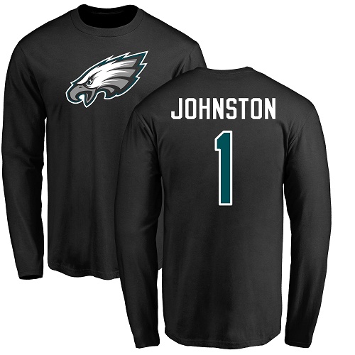 Men Philadelphia Eagles #1 Cameron Johnston Black Name and Number Logo Long Sleeve NFL T Shirt->nfl t-shirts->Sports Accessory